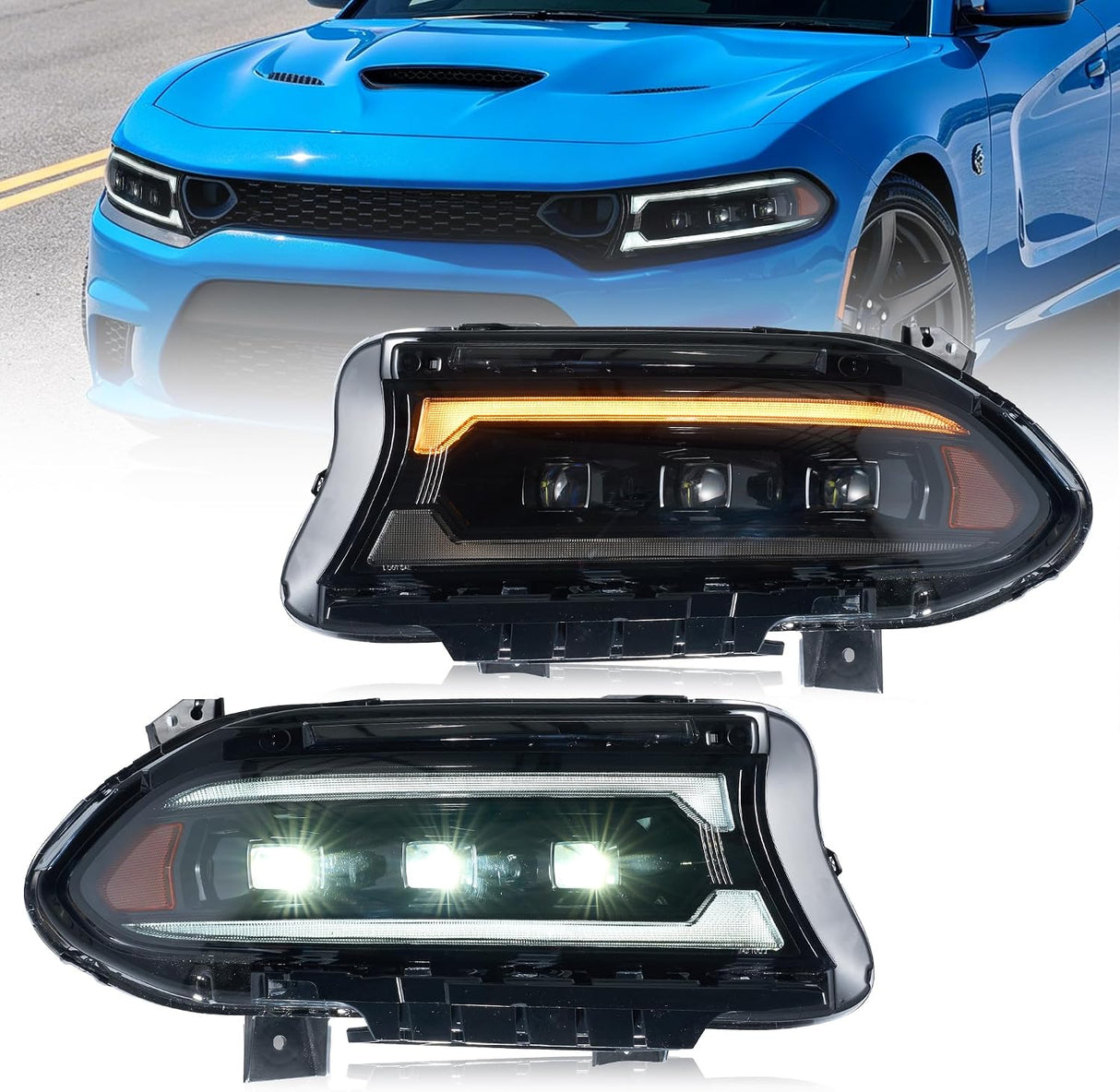 15-23 Dodge Charger Head Lights with White DRL Strip (Halogen)
