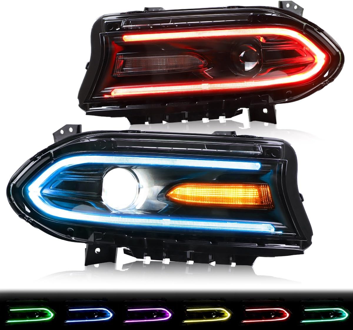 Kingman Speed® (15-23) Dodge Charger Head Lights with Color Shift DRL Strip (Halogen)