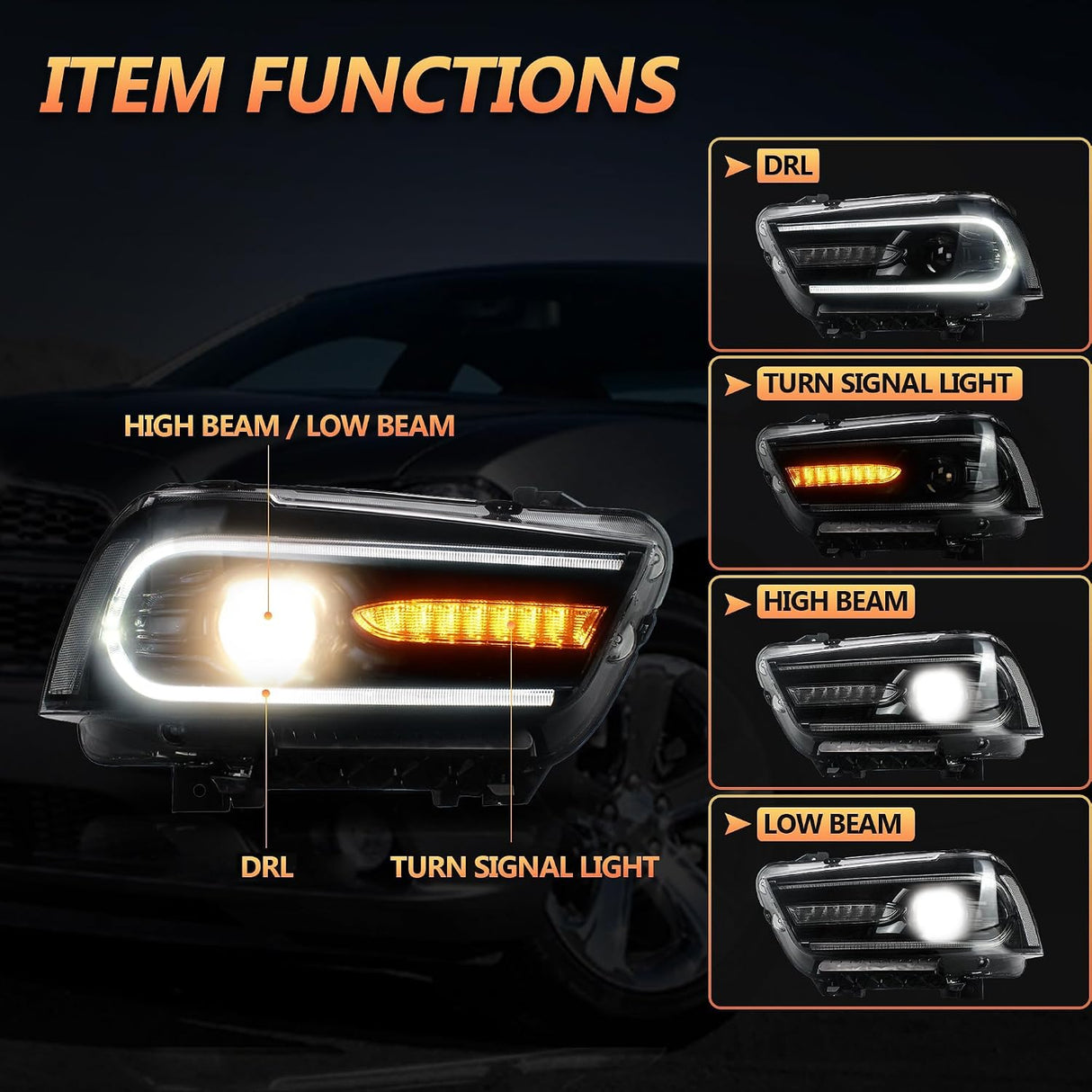 11-14 Dodge Charger Head Lights with Color Shift DRL Srip (Halogen)