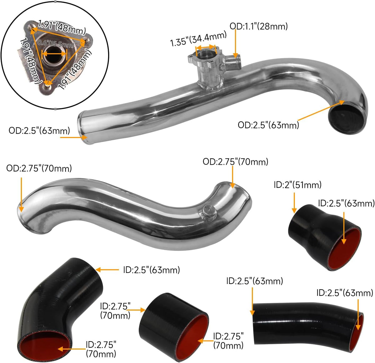 Kingman Speed® (15-23) Ford Mustang 2.3L 2.5" x 2.75" Polished Aluminum Intercooler Pipe Kit