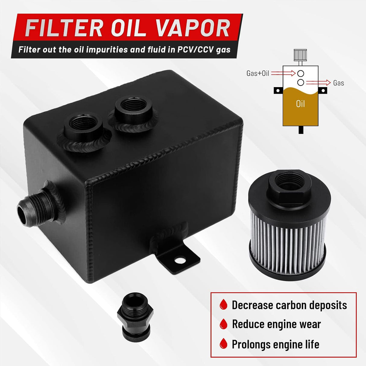Universal 2L -10AN Black Baffled Oil Catch Can with Breather Filter