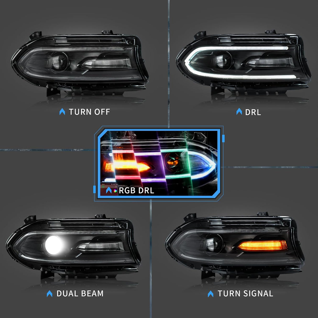 15-23 Dodge Charger Head Lights with MultiColor DRL Strip (Halogen)