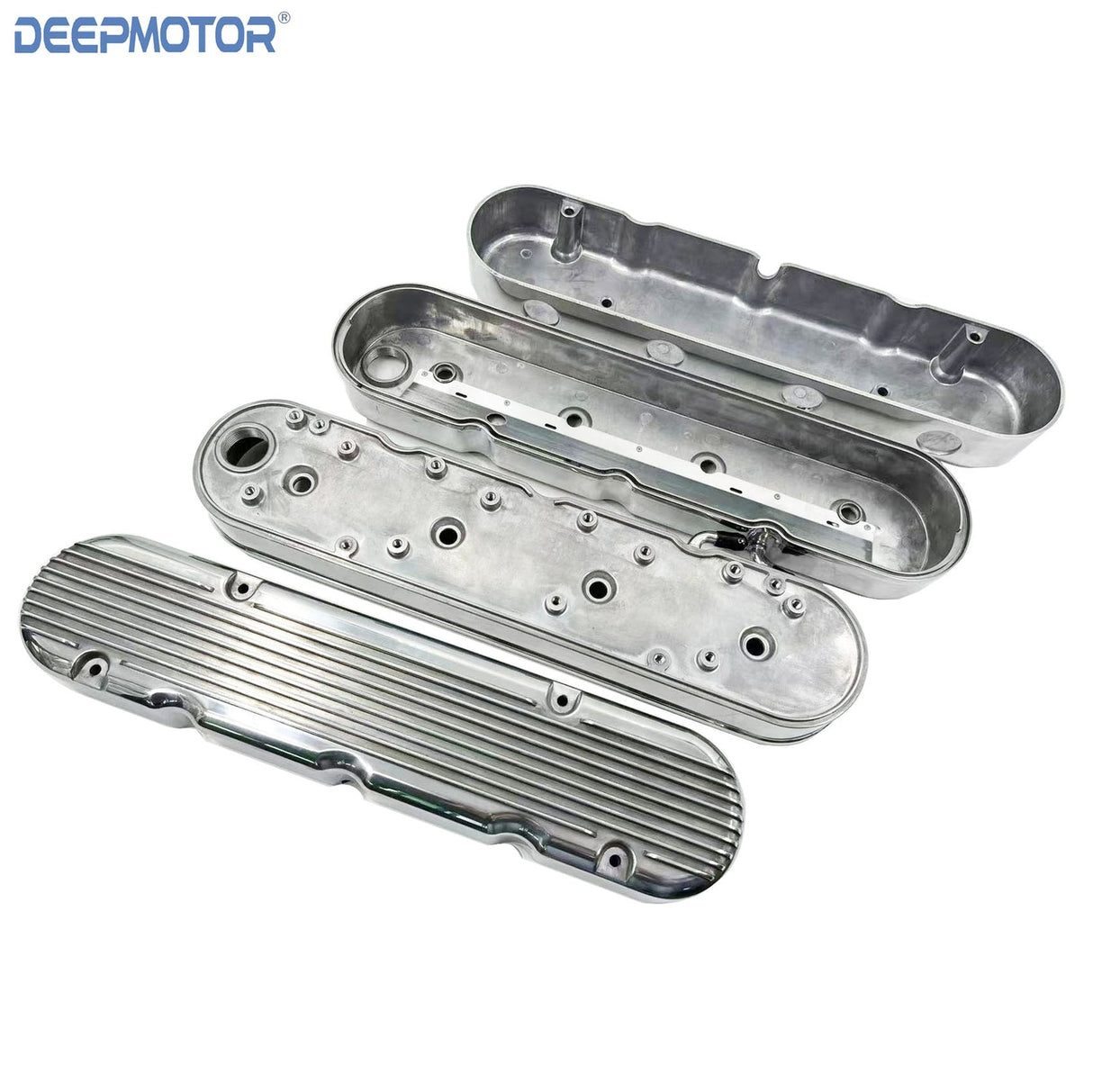 Deepmotor Aluminum finned Valve Covers w/ Coil Mounts & Cover for LS Polished