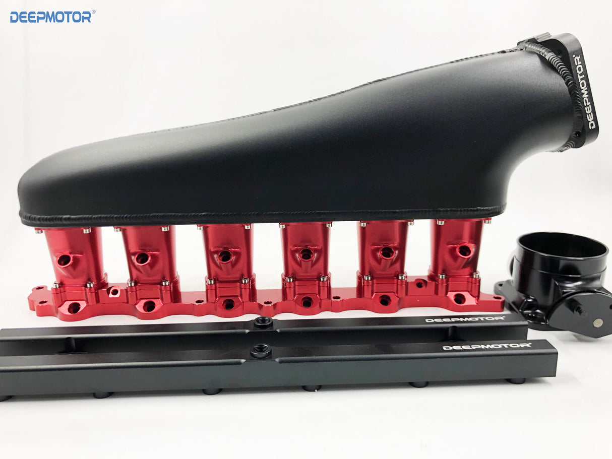 CNC 2JZ-GE Intake Manifold Fuel Rail Throttle Body Set 12 Injectors Black-Red