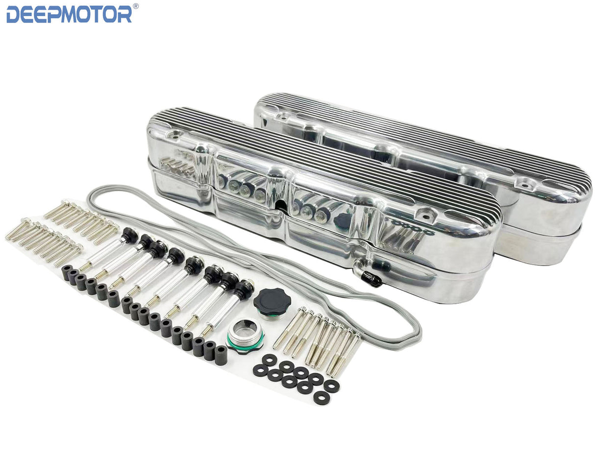 Deepmotor Aluminum finned Valve Covers w/ Coil Mounts & Cover for LS Polished
