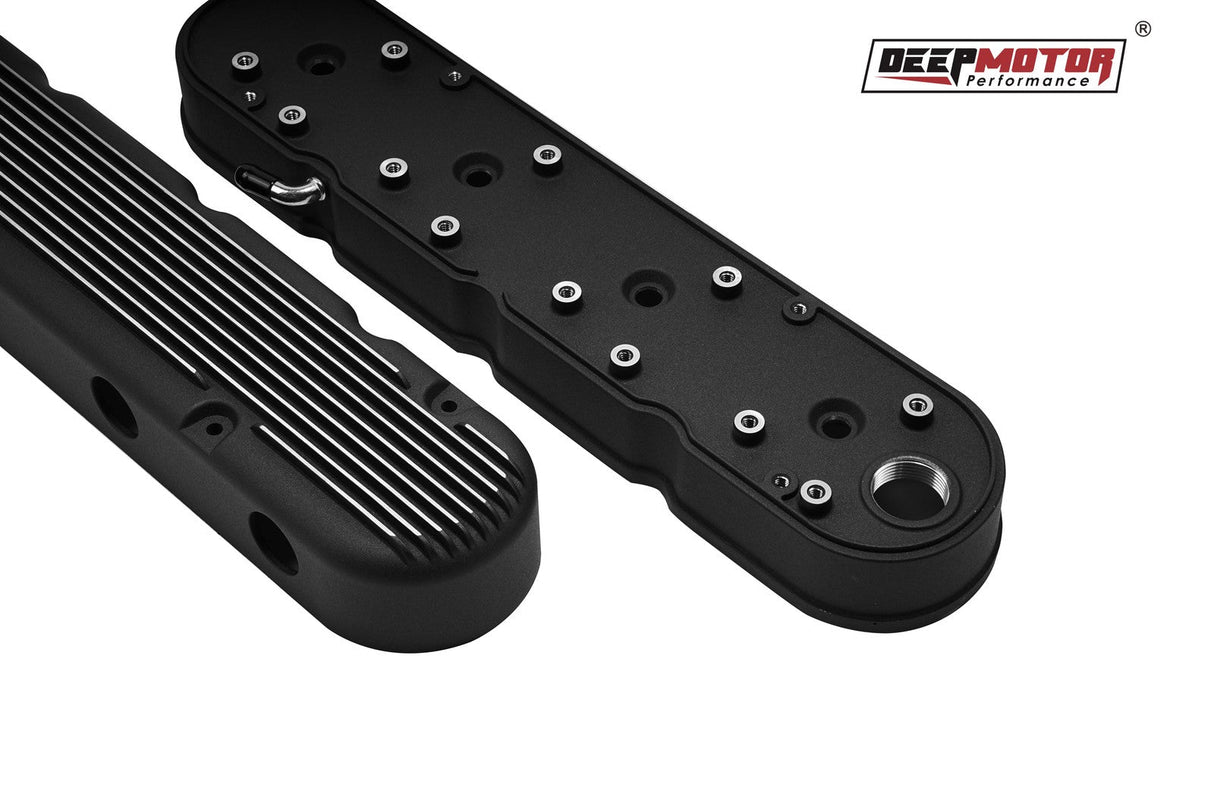 Deepmotor Aluminum finned Valve Covers w/ Coil Mounts & Cover for LS Black