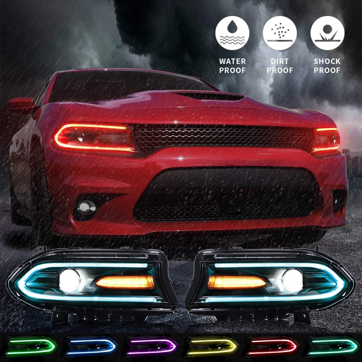 Kingman Speed® (15-23) Dodge Charger Head Lights with Color Shift DRL Strip (Halogen)