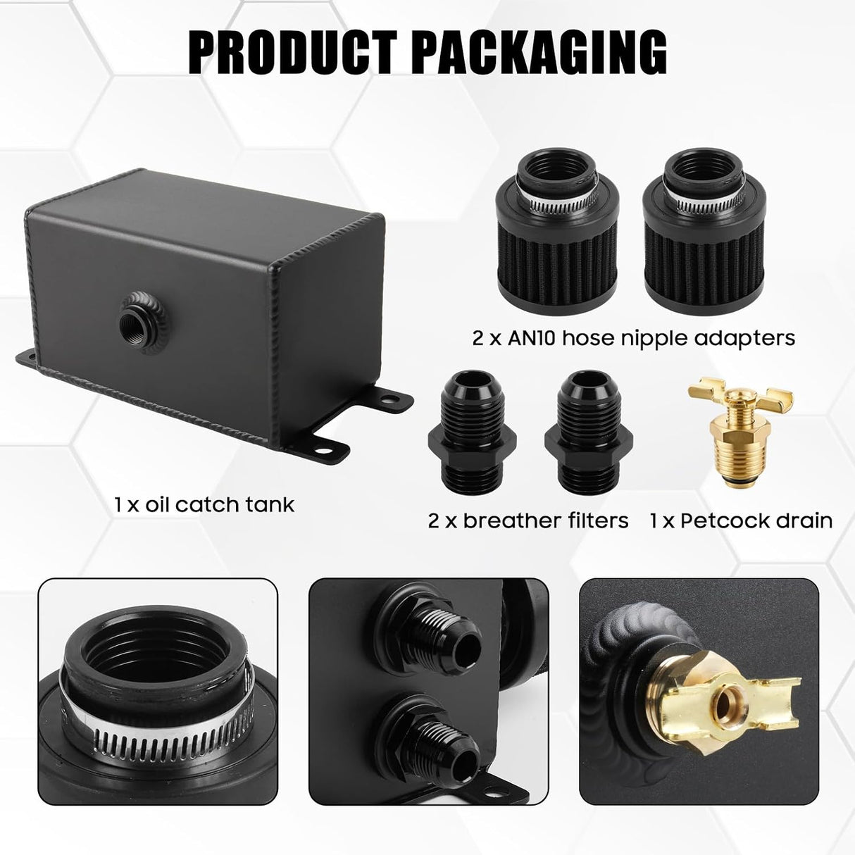 Universal -10AN 1.2L Baflled Oil Catch Can Dual Breather Filters & Drain Valves