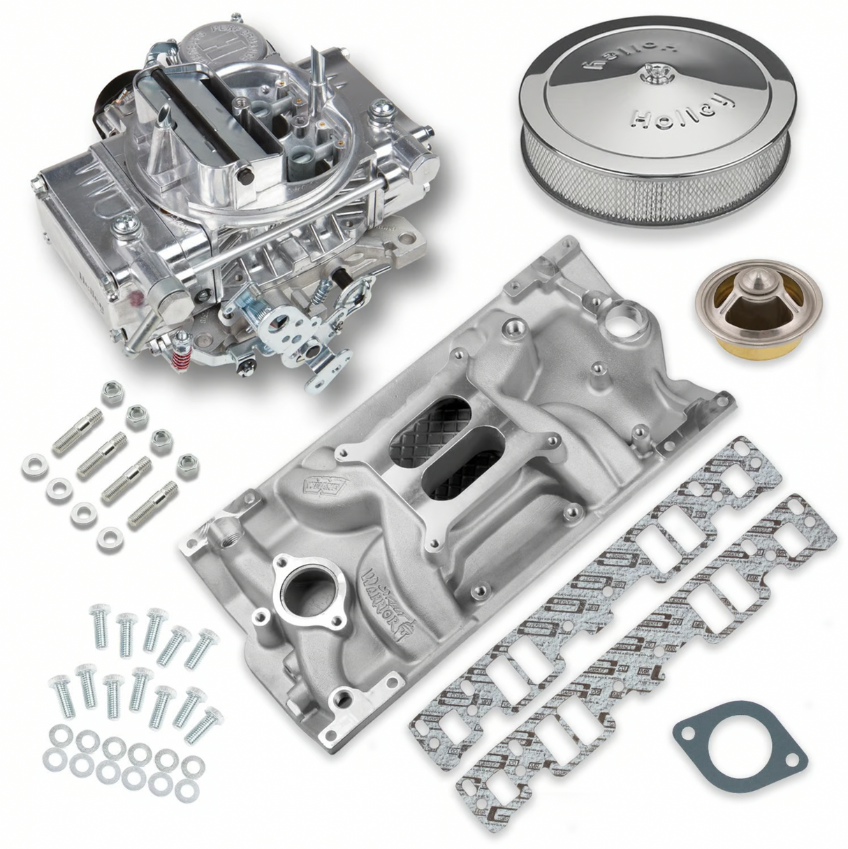 Holley® #VK060033 Street Warrior Carburetor and SBC Vortec Intake Manifold Combo (600 CFM - 4160 - Vacuum Secondaries - Shiny - Gasoline)