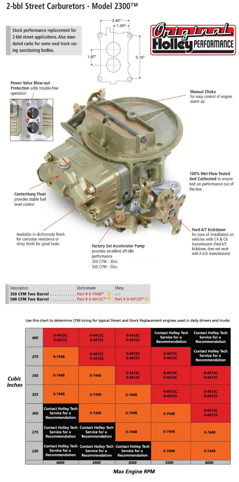 Holley® #0-4412C Performance 2BBL Carburetor (500 CFM - 2300 - Gold Dichromate - Gasoline)