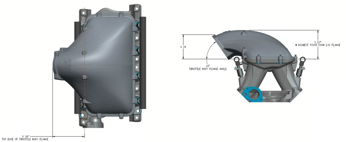 Holley® #300-310 Ford 351 Windsor Hi-Ram Intake Manifold with 105mm 1986-95 Ford 5.0 Throttle Body Flange Side Mount Top