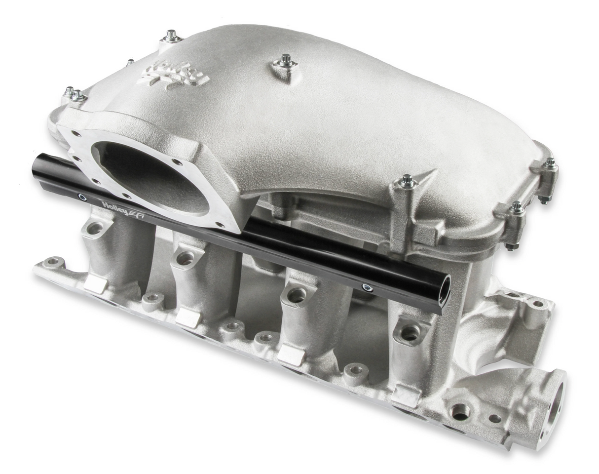 Holley® #300-309 Ford 351 Windsor Hi-Ram Cast Intake Manifold with 95mm 1986-95 Ford 5.0 Throttle Body Flange Side Mount Top.