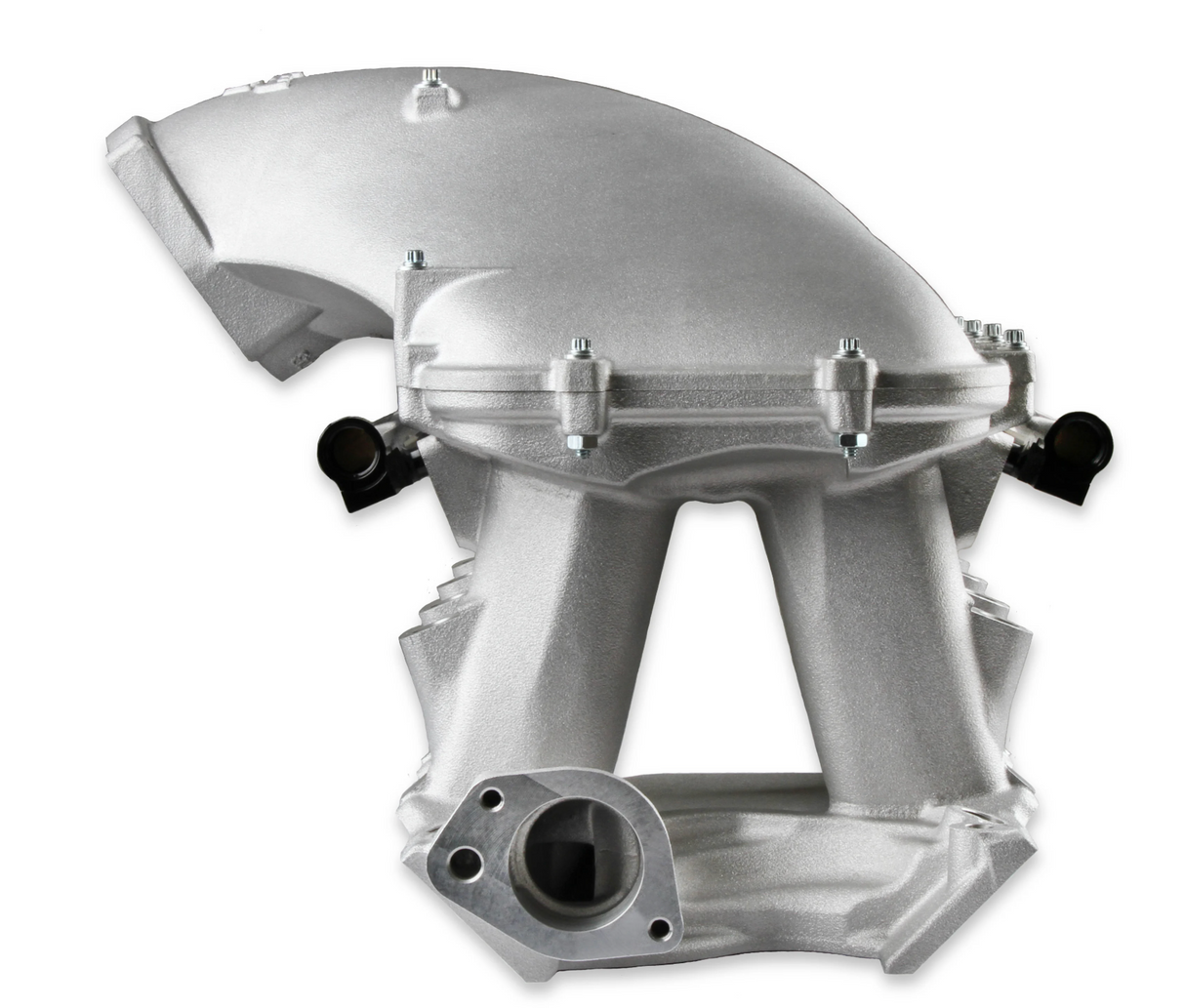 Holley® #300-309 Ford 351 Windsor Hi-Ram Cast Intake Manifold with 95mm 1986-95 Ford 5.0 Throttle Body Flange Side Mount Top.