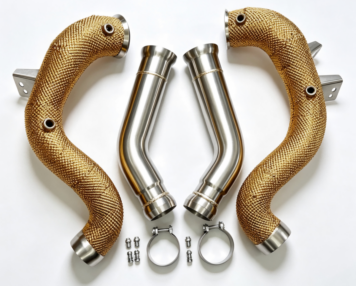 Kingman Speed® (15-21) Mercedes-Benz C63 AMG M177 W205 304SS 3" Catless Down Pipe with Gold Primary Heat Wrap