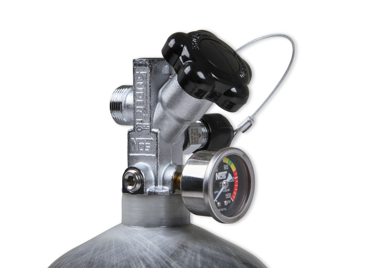 NOS® 12 lb 9 oz Nitrous Bottle w/ Carbon Fiber Finish & Super Hi Flo Valve - Includes Racer Safety Blow-Off - 10 Second Racing