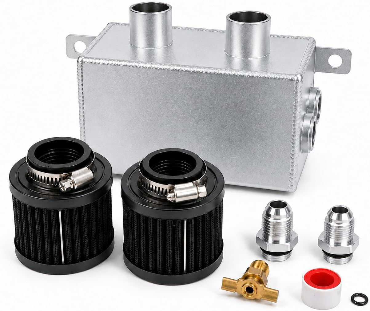 Kingman Speed® Universal -10AN 1.2L Baflled Oil Catch Can with Dual Breather Filters & Drain Valves