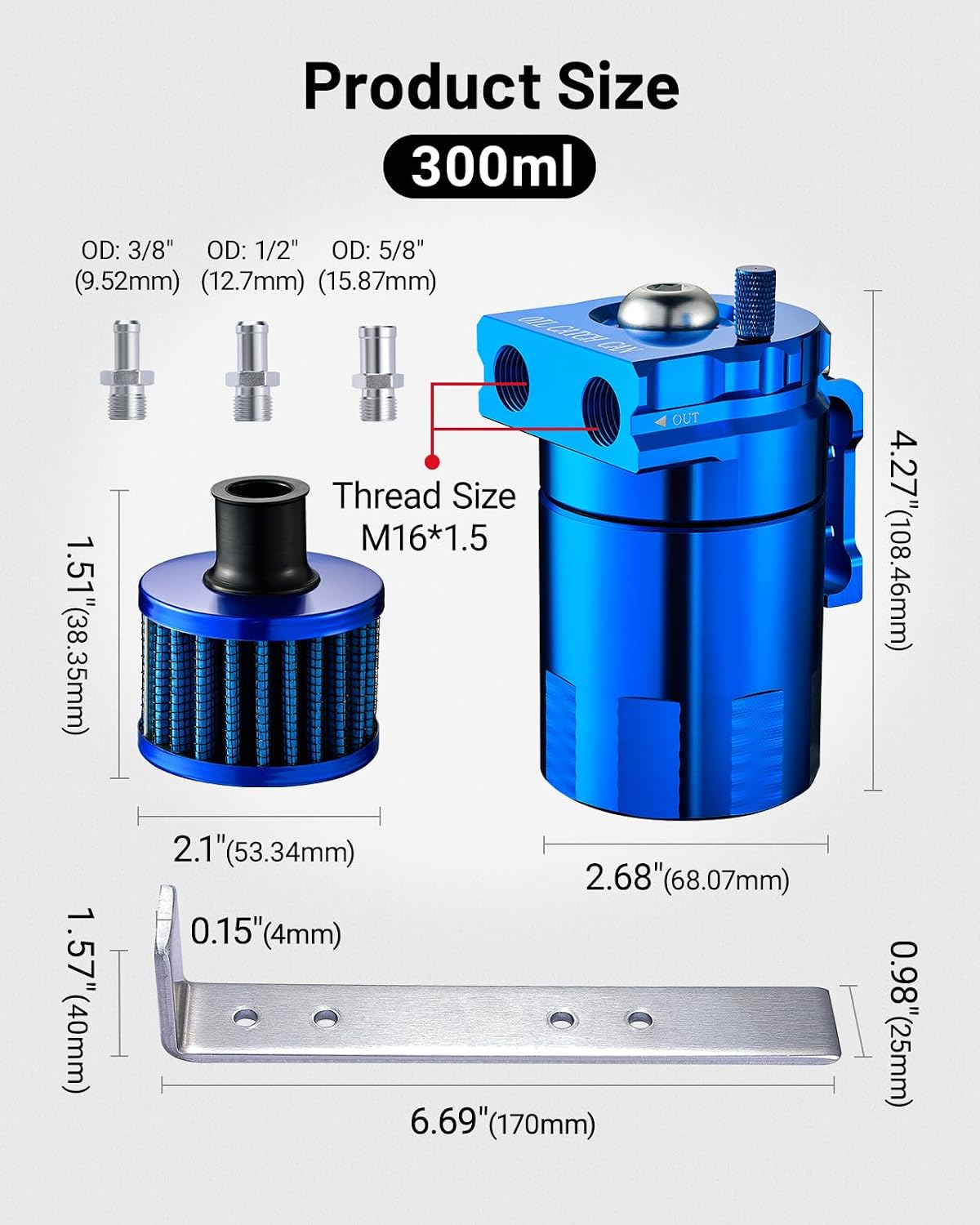 300ML Baffled Oil Can with Breather Filter 3/8" ID 2.5 NBR Fuel Hose