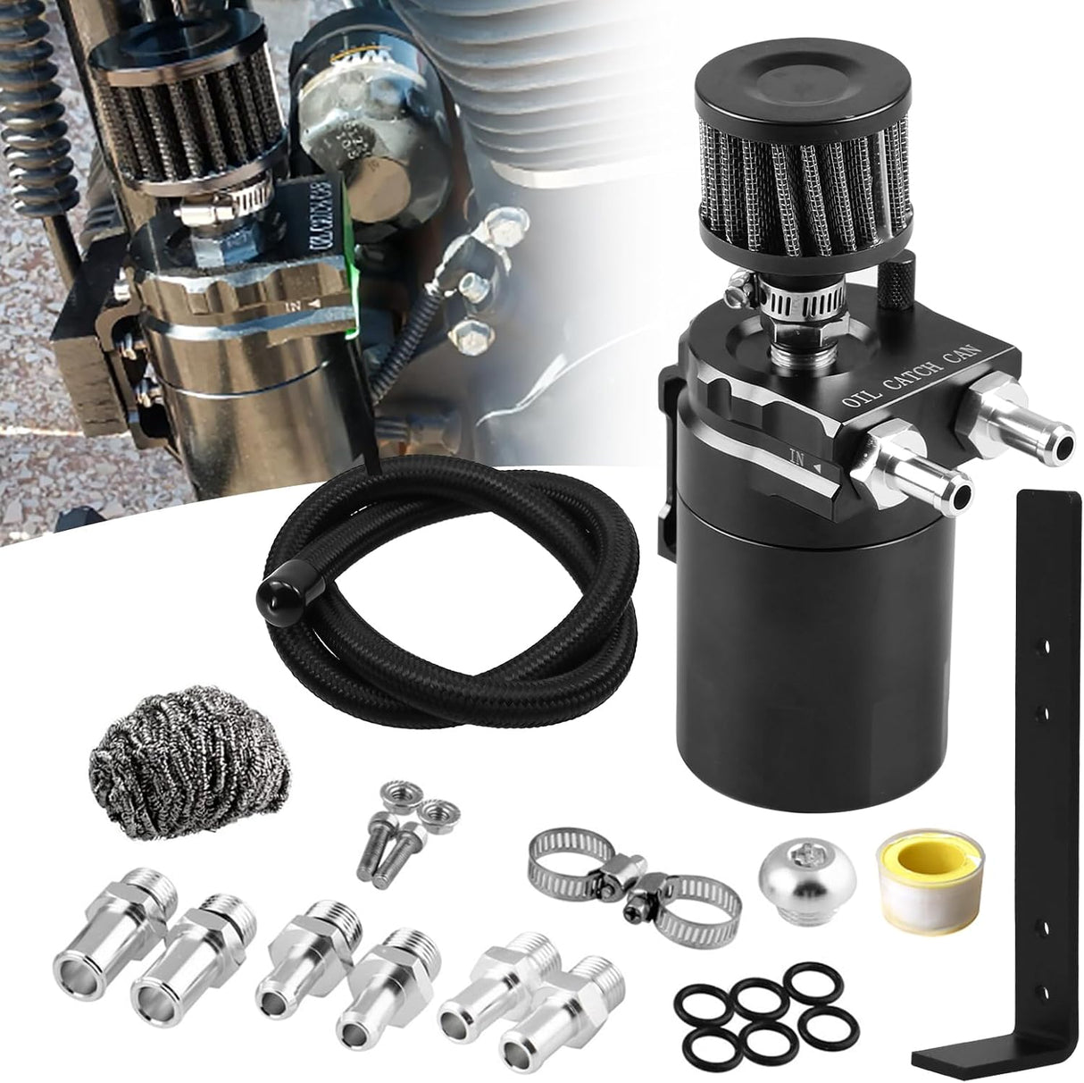 Universal 350ml Baffled Oil Catch Can Breather Filter/Mounting Bracket