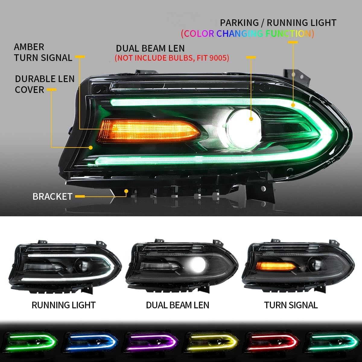 Kingman Speed® (15-23) Dodge Charger Head Lights with Color Shift DRL Strip (Halogen)