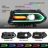 Kingman Speed® (15-23) Dodge Charger Head Lights with Color Shift DRL Strip (Halogen)