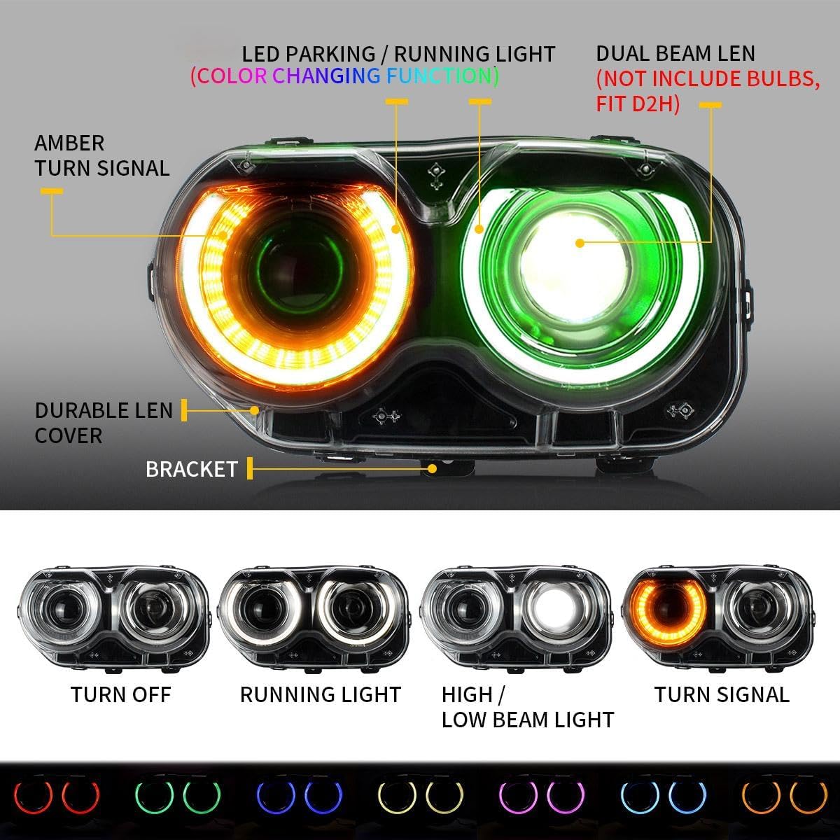 15-23 Dodge Challenger Head Lights with Color Shift Halos (Halogen)