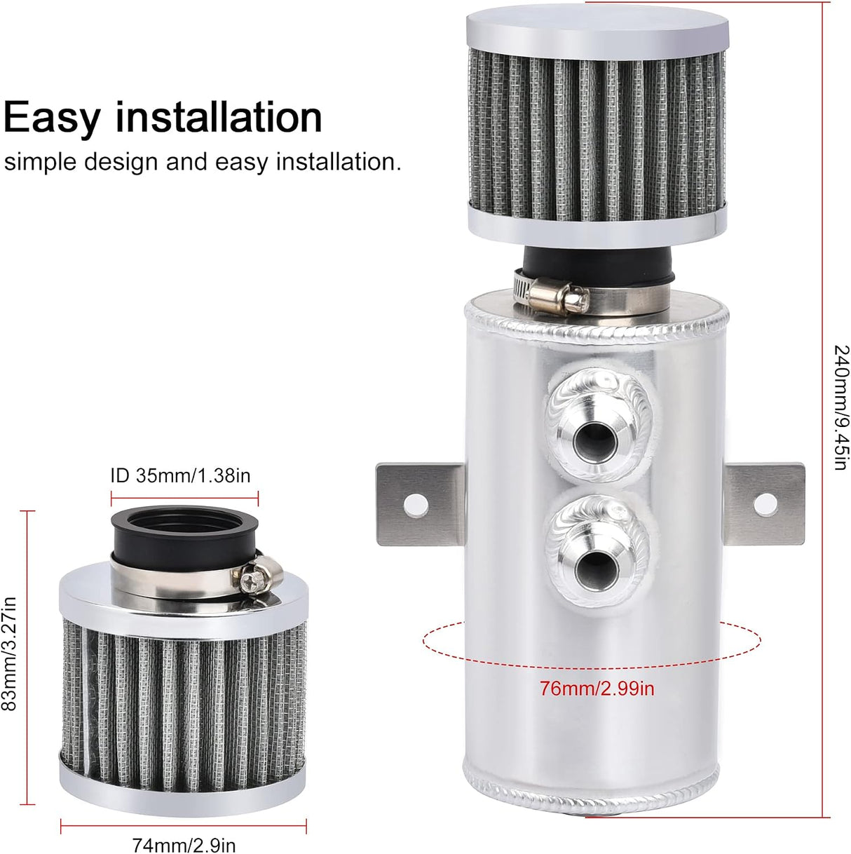 750mL -10AN Silver Baffled Oil Catch Can with Breather Filter (2-Port)