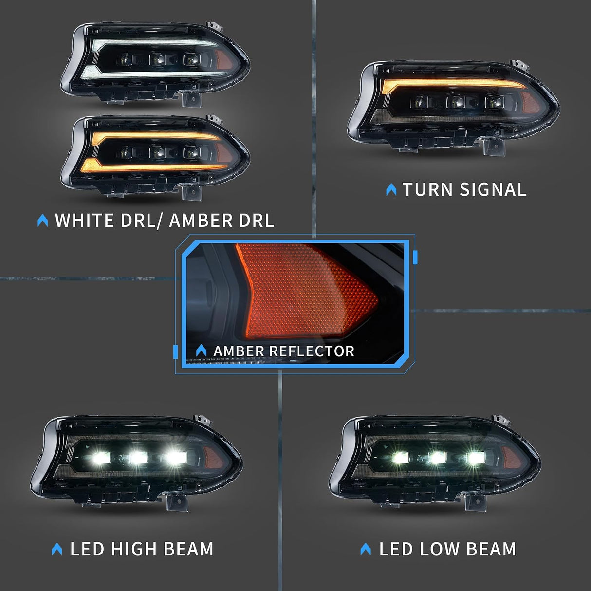 15-23 Dodge Charger Head Lights with White DRL Strip (Halogen)