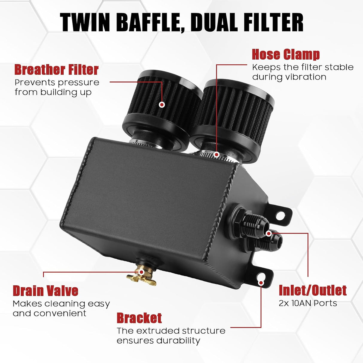 Universal -10AN 1.2L Baflled Oil Catch Can Dual Breather Filters & Drain Valves