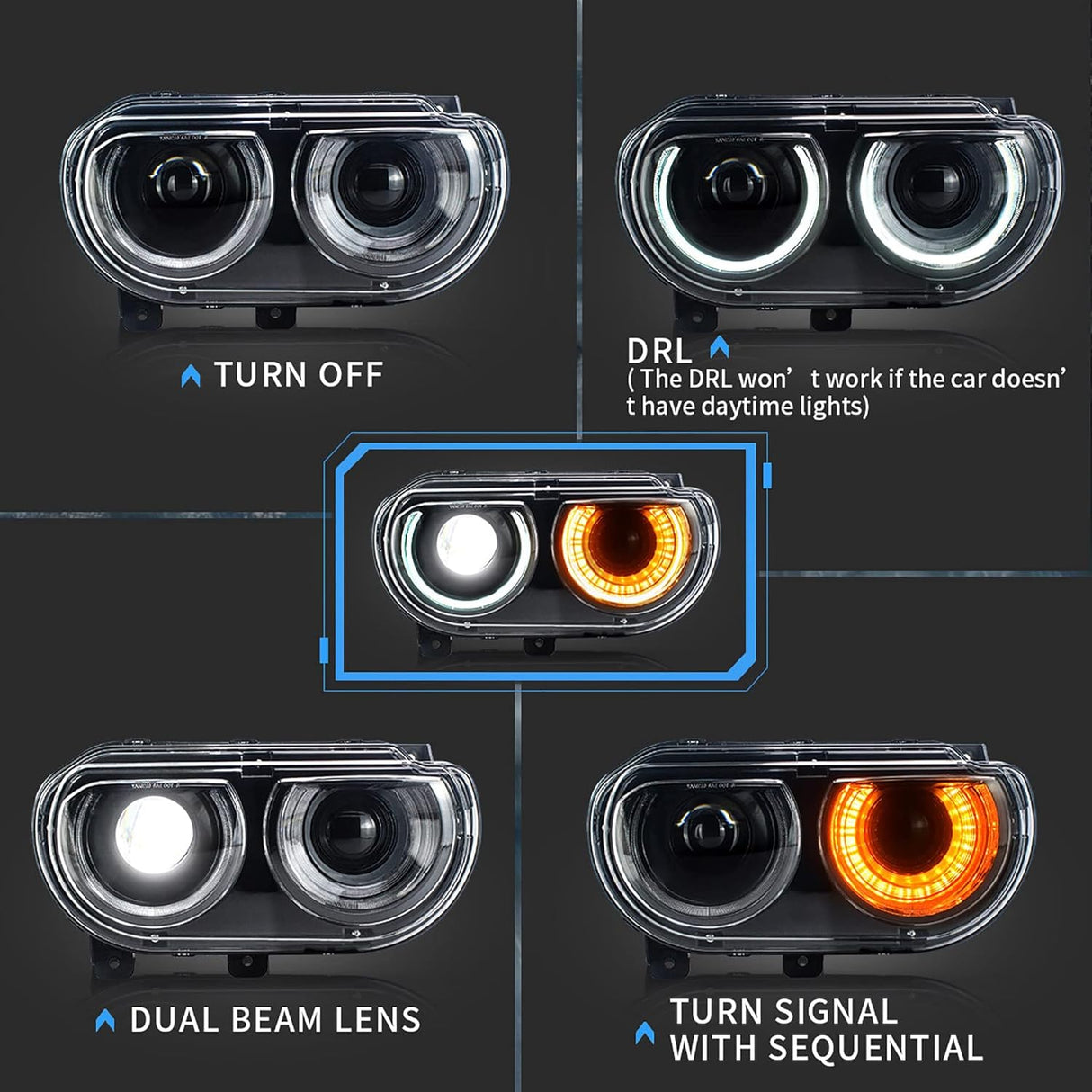 08+ Dodge Challenger Projector Head Lights Sequential Indicator Halo