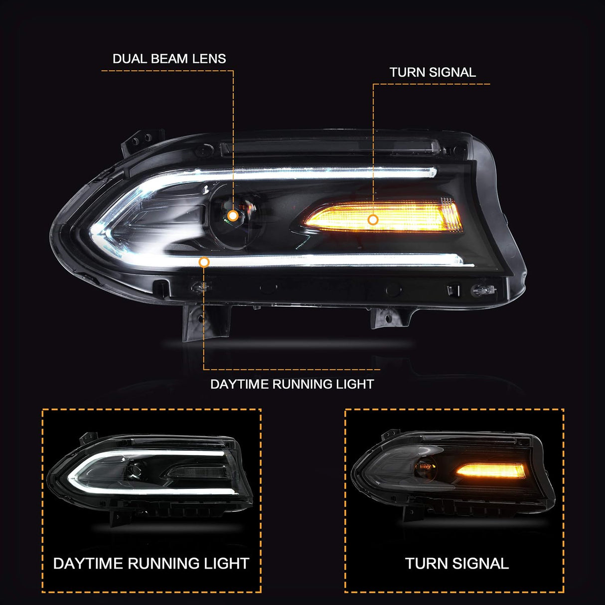 15-23 Dodge Charger Head Lights with Dual Beam Lens (Halogen)