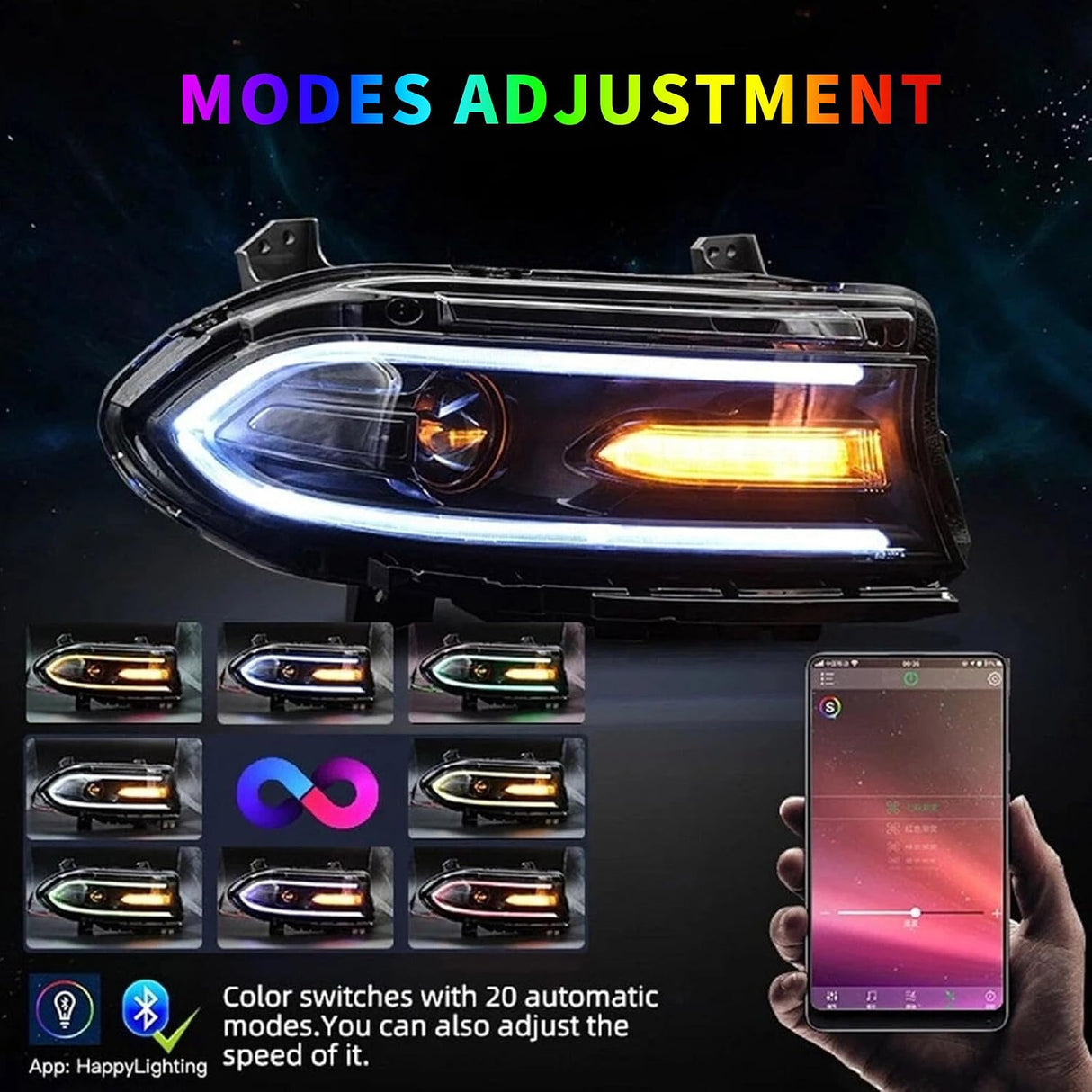 15-23 Dodge Charger Head Lights with MultiColor DRL Strip (Halogen)