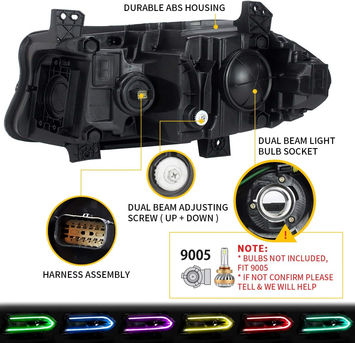 Kingman Speed® (15-23) Dodge Charger Head Lights with Color Shift DRL Strip (Halogen)