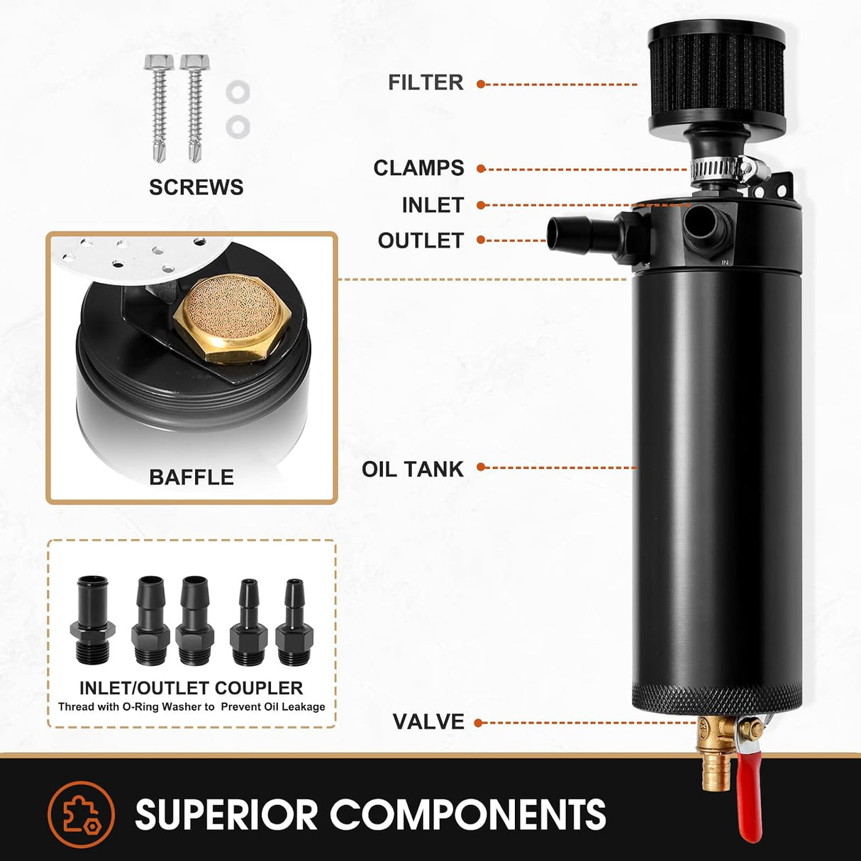 750mL Billet Baffled Oil Can with Breather Filter/Drain Valves (2-Port)