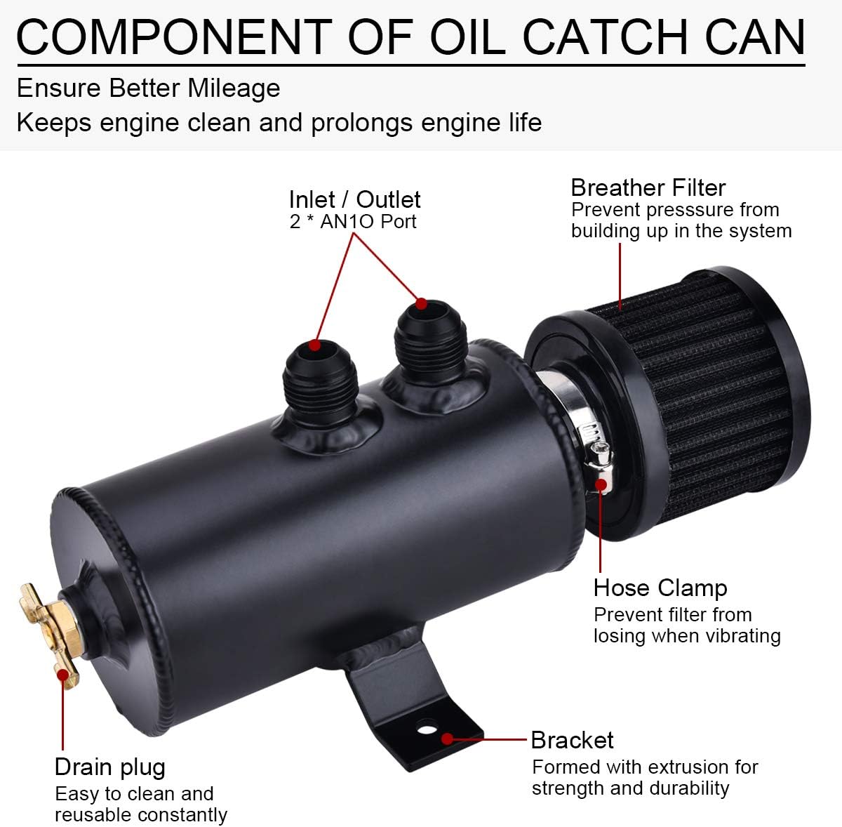 -10AN Oil, 750ml Baffled Oil Catch Can with Breather Filter (2-Port)