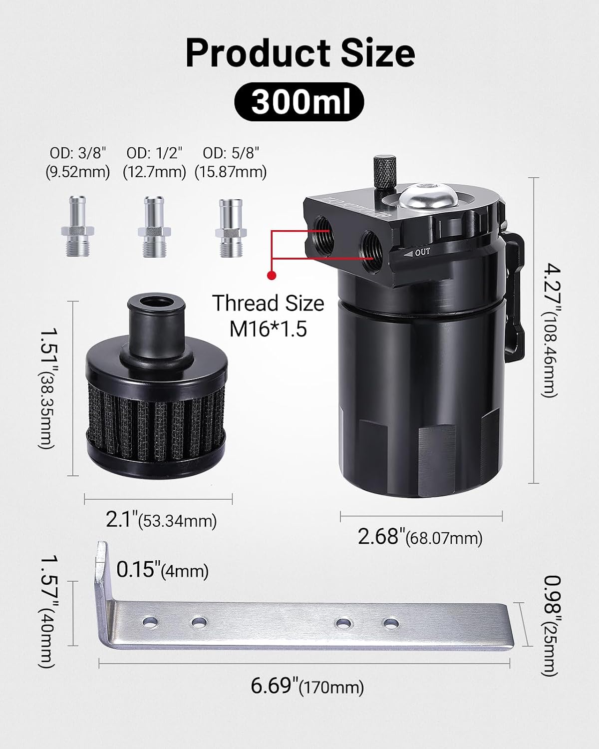 300ML Baffled Oil Can with Breather Filter 3/8" ID 5FT NBR Fuel Hose

