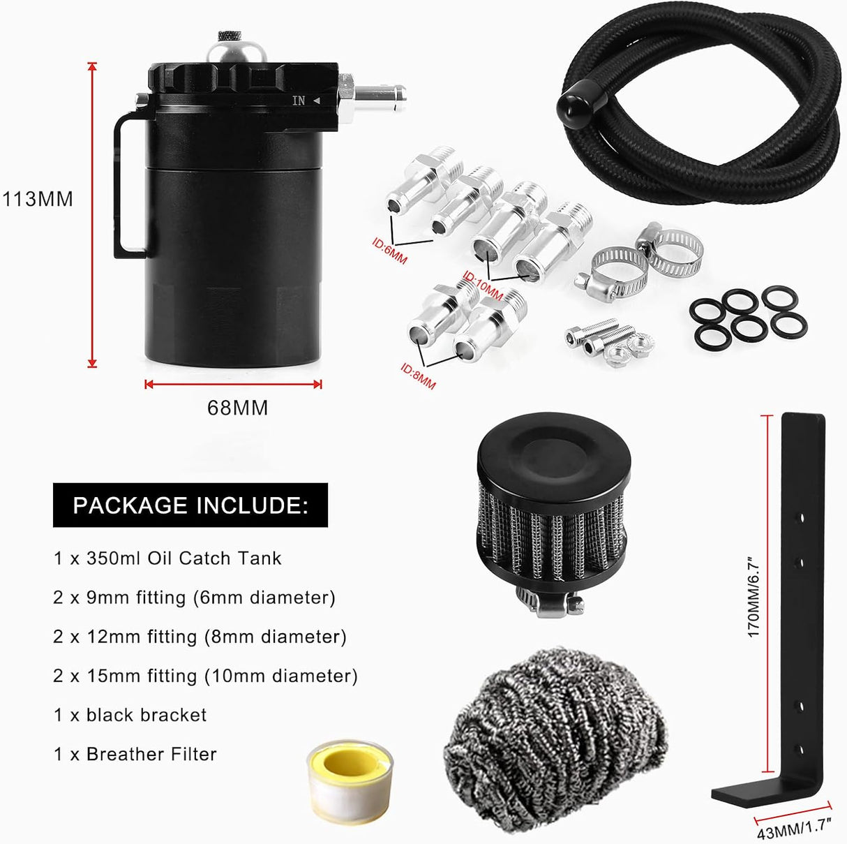 Universal 350ml Baffled Oil Catch Can Breather Filter/Mounting Bracket