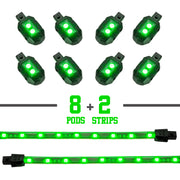 XK Glow Strips Single Color XKGLOW LED Accent Light Motorcycle Kit Green - 8xPod + 2x8In