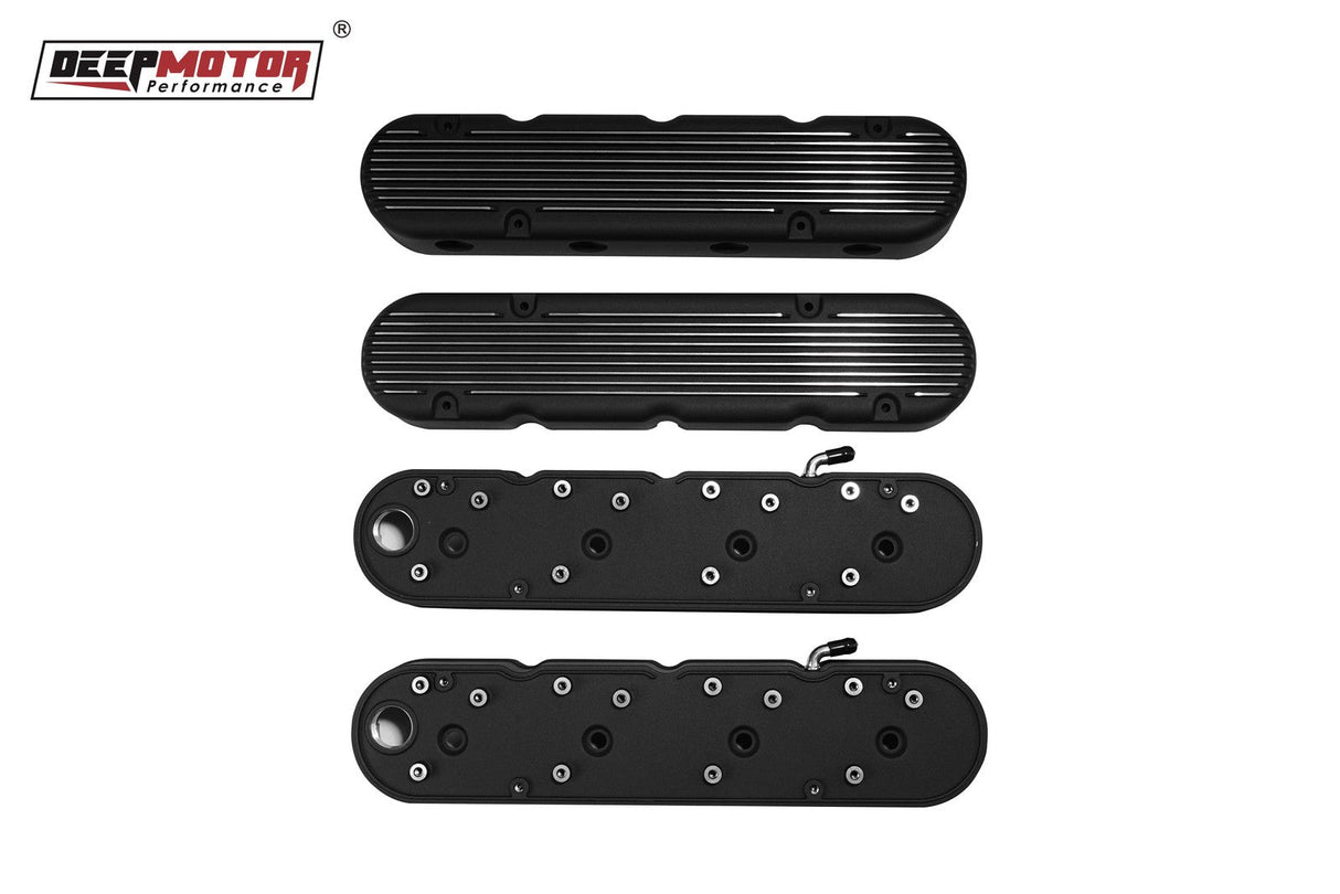 Deepmotor Aluminum finned Valve Covers w/ Coil Mounts & Cover for LS Black