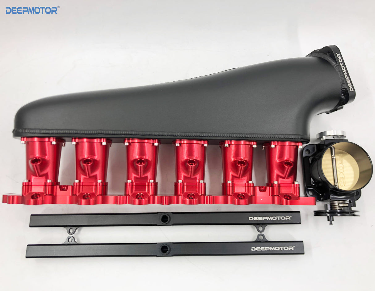 CNC 2JZ-GE Intake Manifold Fuel Rail Throttle Body Set 12 Injectors Black-Red