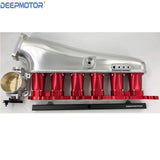 CNC 2JZ-GE Intake Manifold Fuel Rail 90mm Throttle Body 6 Injector Silver-Red