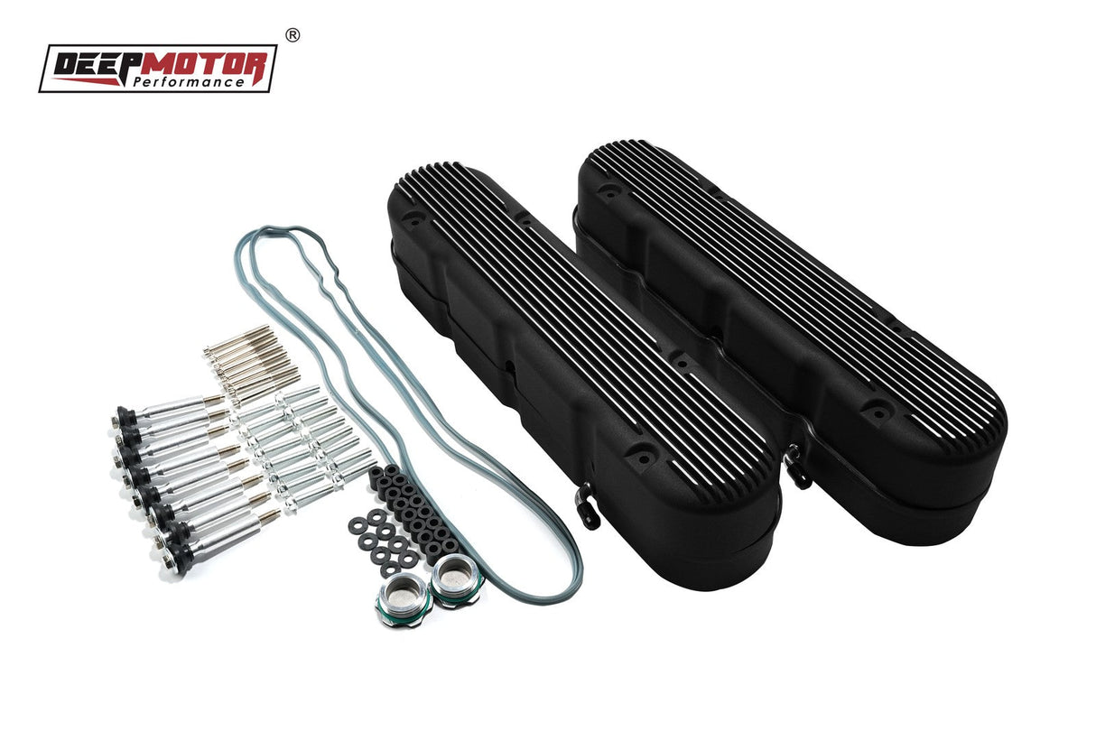 Deepmotor Aluminum finned Valve Covers w/ Coil Mounts & Cover for LS Black