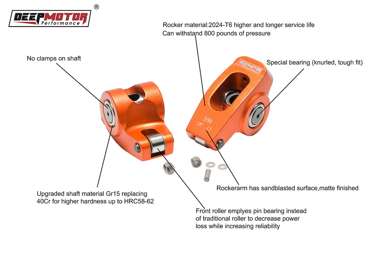 Deepmotor 2024-T6 Aluminum 1.5 Ratio 3/8'' Roller Rocker Arms for Chevy SBC 350