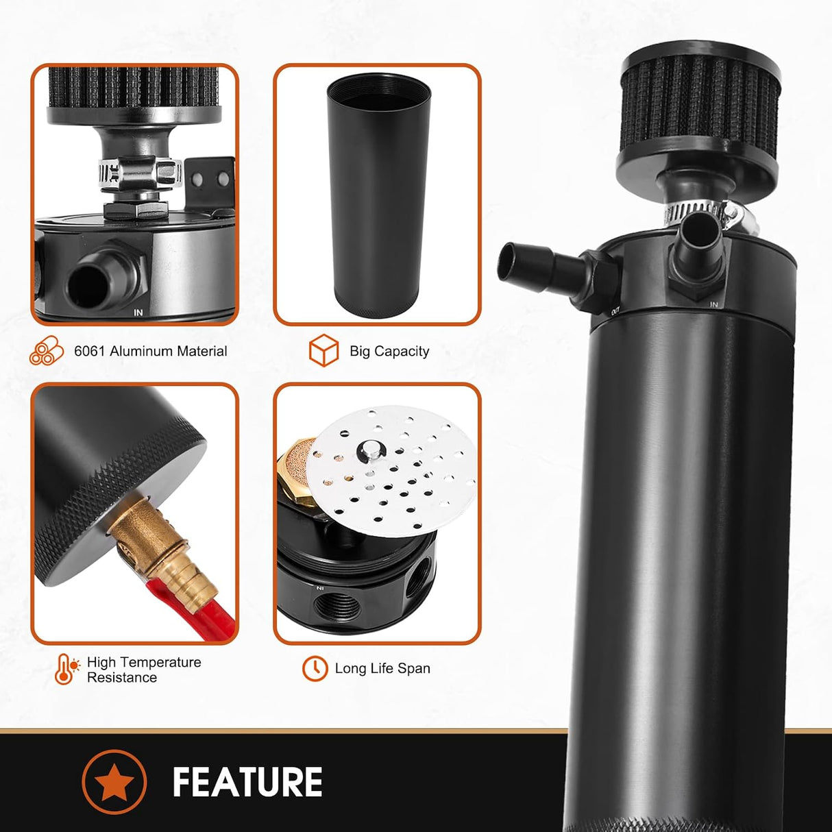 750mL Billet Baffled Oil Can with Breather Filter/Drain Valves (2-Port)
