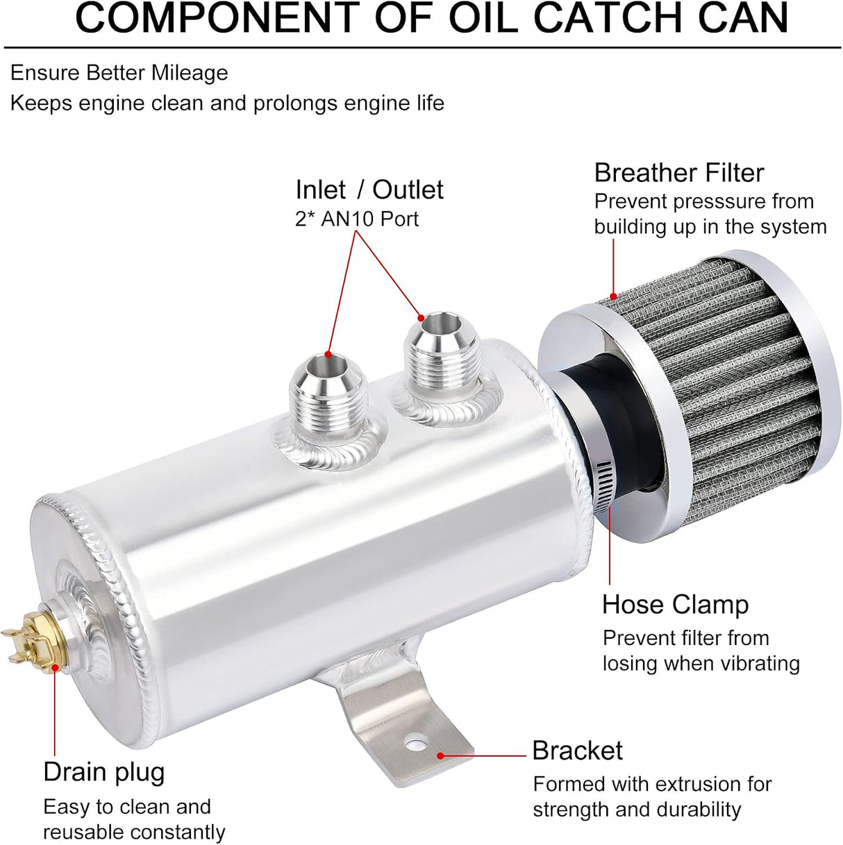 750mL -10AN Silver Baffled Oil Catch Can with Breather Filter (2-Port)