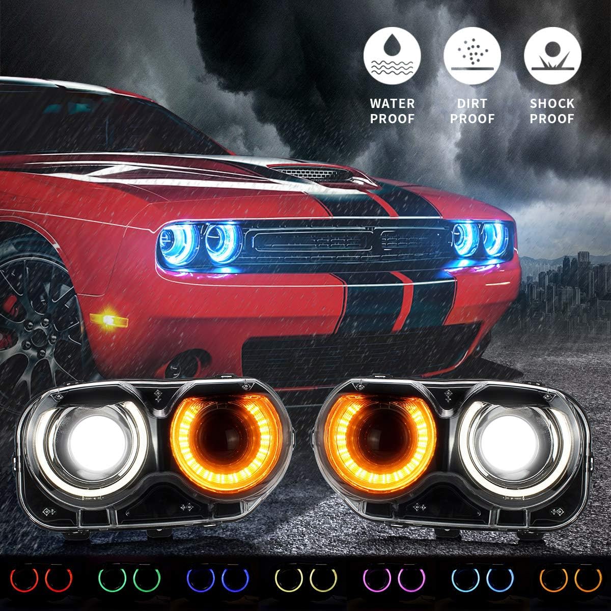 15-23 Dodge Challenger Head Lights with Color Shift Halos (Halogen)
