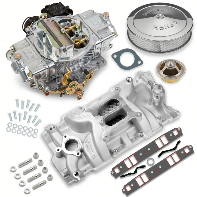 Holley® #VK060056 Street Avenger Carburetor and SBC Intake Manifold Combo (770 CFM - 4150 - Vacuum Secondaries - Shiny - Gasoline)