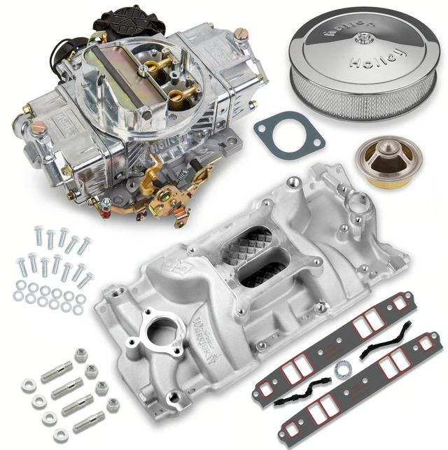 Holley® #VK060055 Street Avenger Carburetor and SBC Intake Manifold Combo (670 CFM - 4150 - Vacuum Secondaries - Shiny - Gasoline)