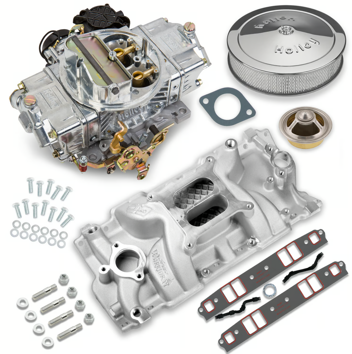 Holley® #VK060010 Street Avenger Carburetor and SBC Intake Manifold Combo (670 CFM - 4150 - Vacuum Secondaries - Shiny - Gasoline)