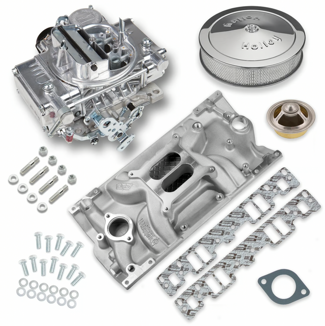 Holley® #VK060033 Street Warrior Carburetor and SBC Vortec Intake Manifold Combo (600 CFM - 4160 - Vacuum Secondaries - Shiny - Gasoline)