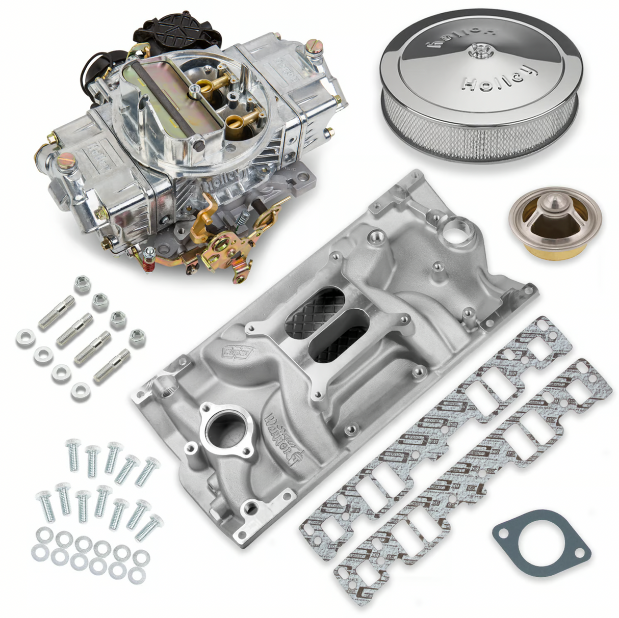 Holley® #VK060088 Classic Carburetor and SBC Vortec Intake Manifold Combo (750 CFM - 4160 - Vacuum Secondaries - Shiny - Gasoline)